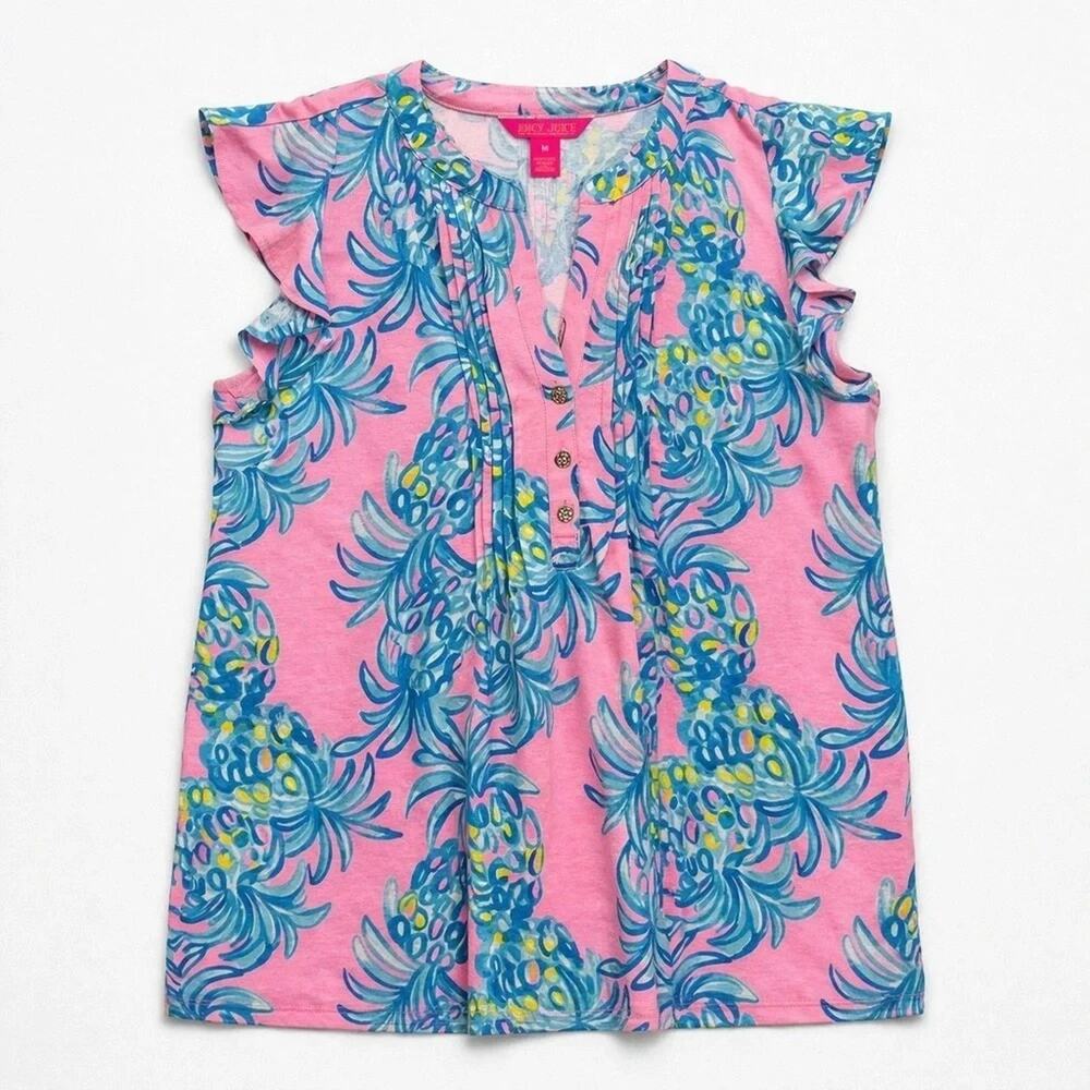 Lilly Pulitzer Golda Pelican Pink Blue BEAT THE HEAT TOP Pineapple Top Blouse S